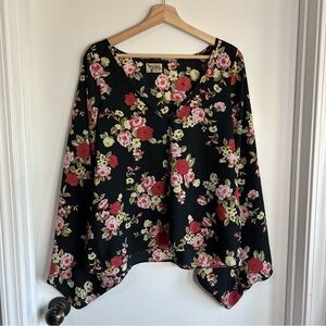 Show Me Your MuMu Black Floral Bell Sleeve V Neck Blouse, Size Small